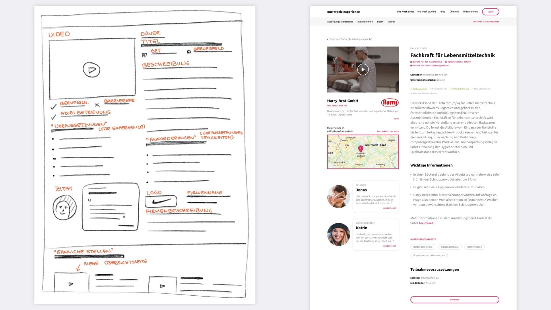 On the left a wireframe and on the right one of the drafts in Sketch of the apprenticeship detail page